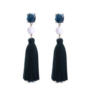 Blue White Rhinestone Tassel Fringe Vintage Gold Dangle Statement Earrings